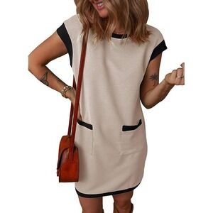 Women Cream Black Textured Shift Dress Sleeveless Patch Pockets Colorblock‎ Trim